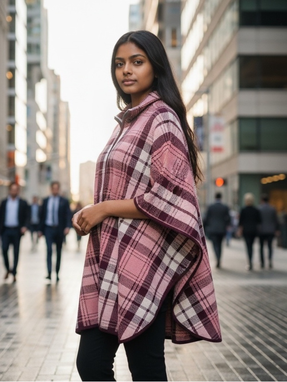 Jones New York Plaid Zip Front Poncho Cape  Preppy Academic Pink Burgundy L/XL